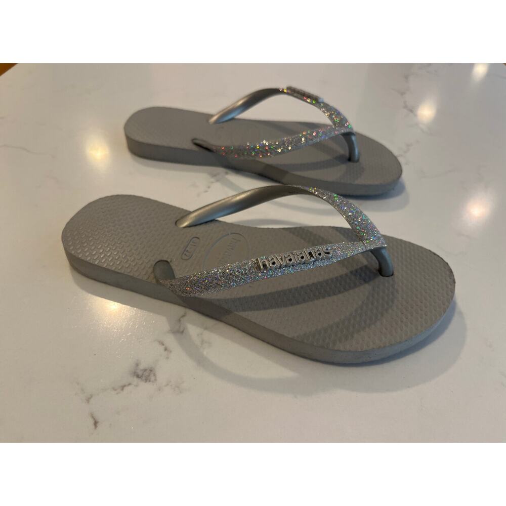 Havainas Girls Glitter Silver Flip Flops 12-13